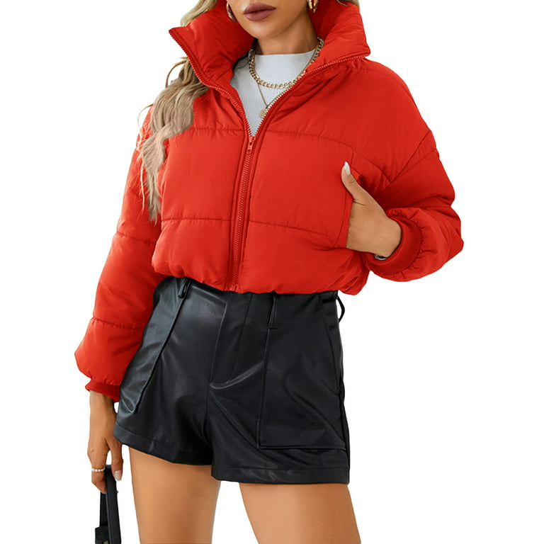 TheFound Women Crop Puffer Jacket Long Sleeve Zip Up Short Bubble Down Coat  Oversized Stand Collar Quilted Jacket Winter Outwear Red M