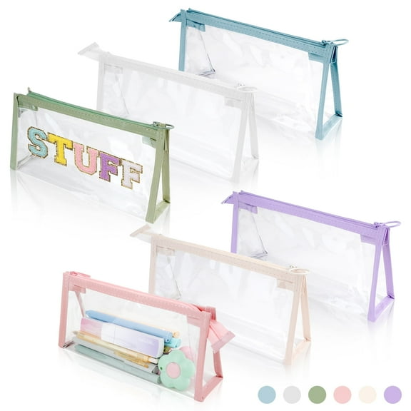 6 Pcs Clear Pencil Pounch, Plastic Pen Case, Marker Pouches with Zipper, Waterproof Travel Toiletry Cosmetic Makeup Bag, Multifonction Stationery Organizer for Students Adults Teen