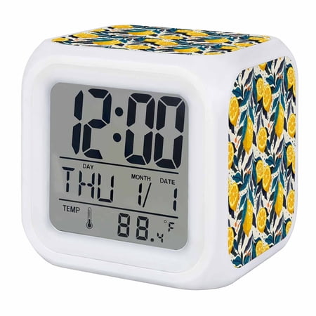 Alarm Clocks Yellow Lemon Digital Clock 7 Color LED Night Light Silent Non-Ticking Battery Operated Summer Fruit Blue Leaves Cube Clocks Decorative for Bedroom Bedside Living Room Office School
