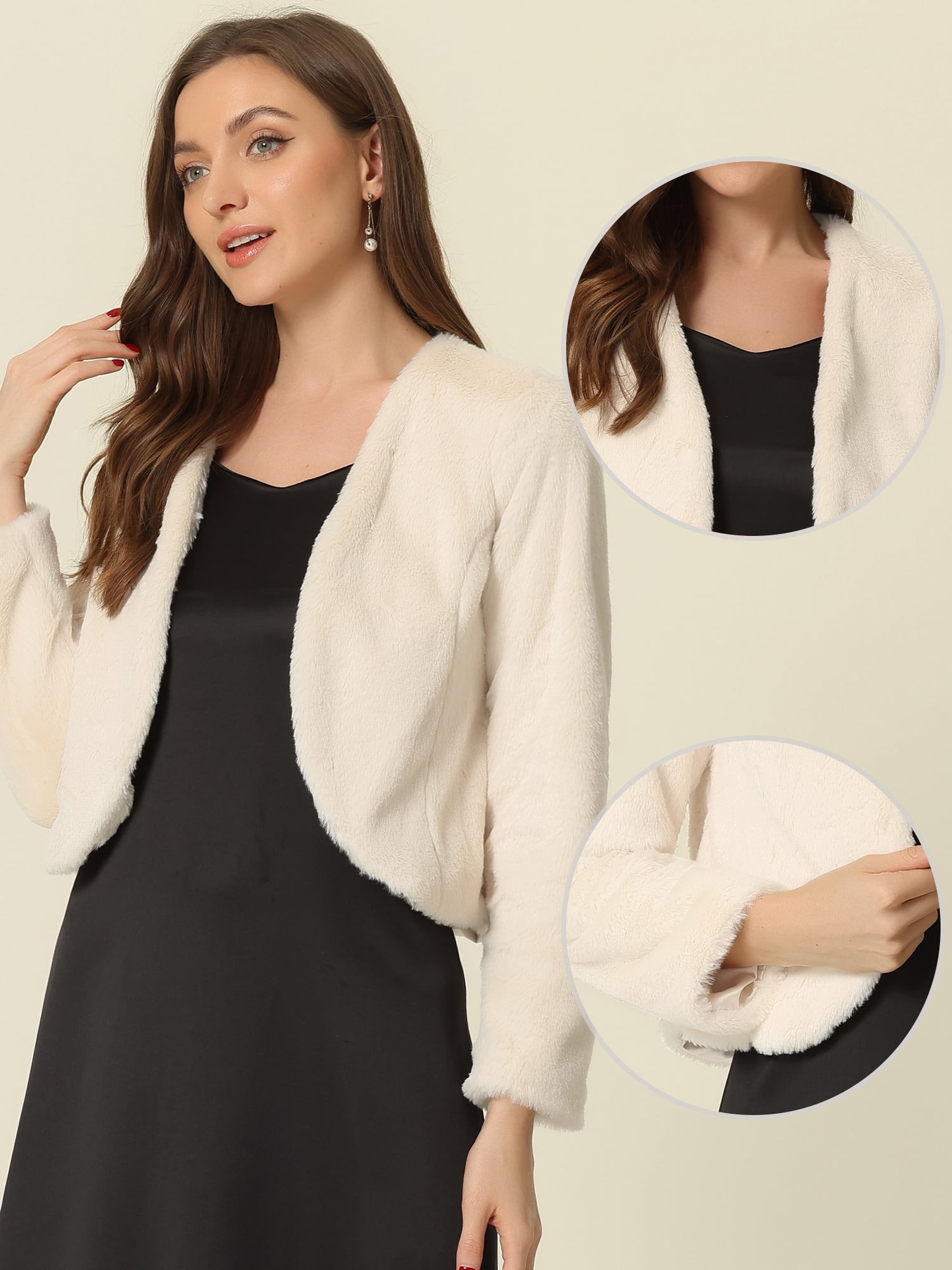 DARING DIVA Women's Faux Fur Cropped Open Front Jacket Bolero Coat S Beige