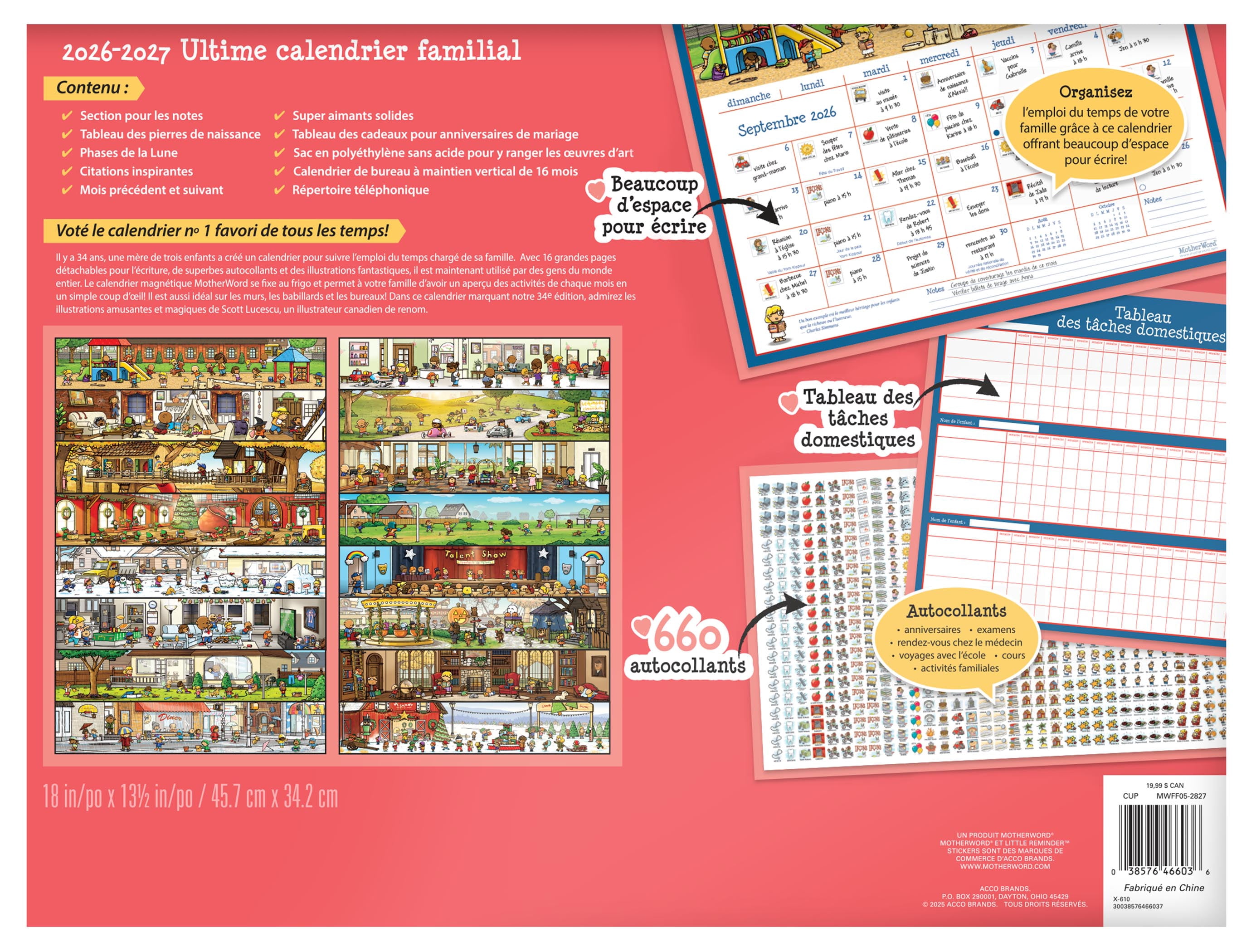 2027 Calendrier mural/de bureau familial Motherword Ultimate, grand format, français