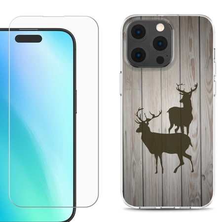 For iPhone 16 Pro Phone Case Cover Shockproof Case with Tempered Glass Screen Protector by OneToughShield - Wood/Deer