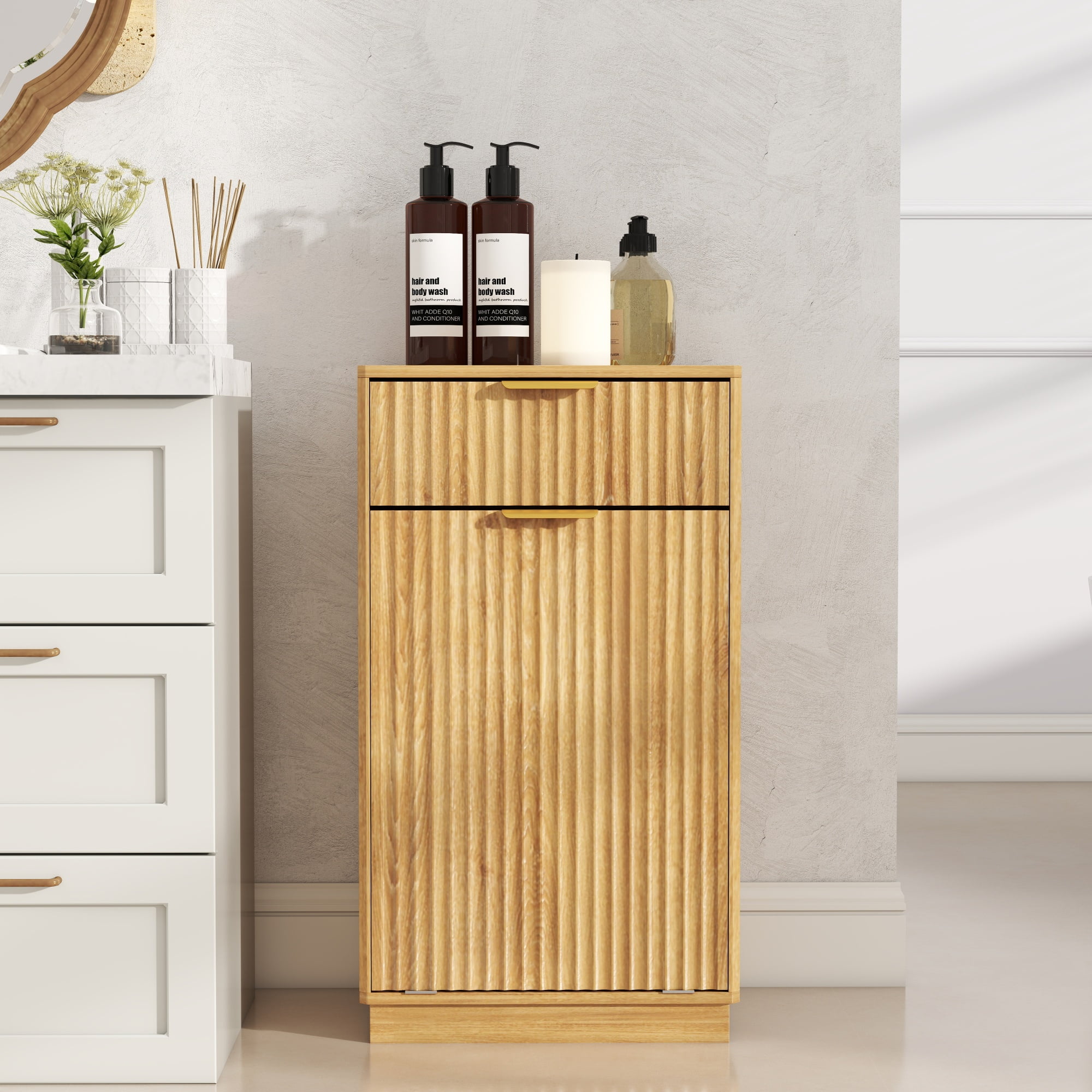 Jopath 10-Gallon Woodgrain Tilt-Out Trash Can Cabinet with Wave-Textured Drawer and Pull-Out Bin for Living room Bathroom Kitchen Oak