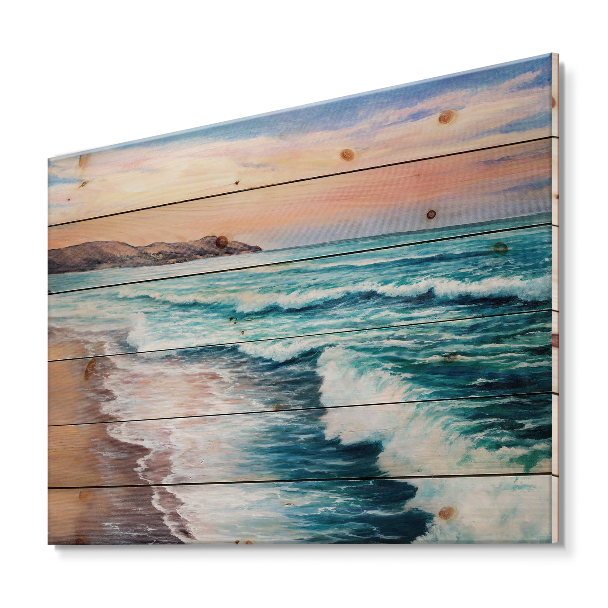 Designart 'Sunrise Glow On The Ocean Waves III' Nautical & Coastal Print on Natural Pine Wood