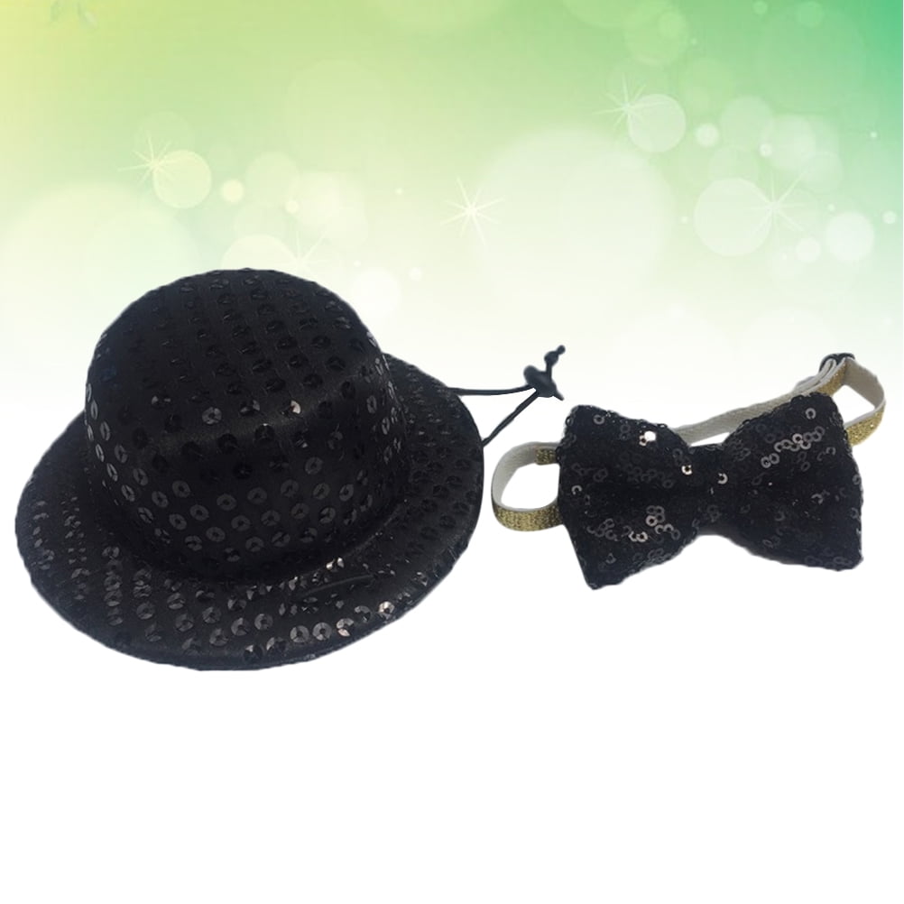 WRISTBIQUE 2Pcs Pet Sequins Hat and Tie Set Black Comfortable Soft for Party Decoration and Photo Props