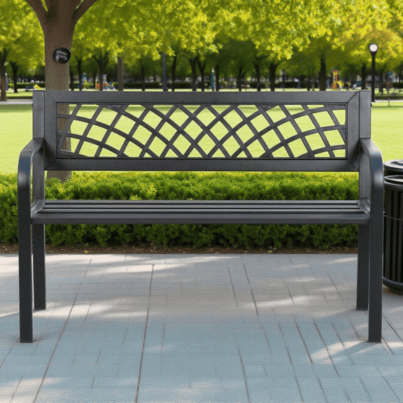 BIQWBIC 400LBS Park Bench Outdoor, All-Weather Metal Garden Bench with Ergonomic Backrest, Heavy Duty Steel Frame Bench for Patio, Porch, Lawn, Yard and Garden Decor