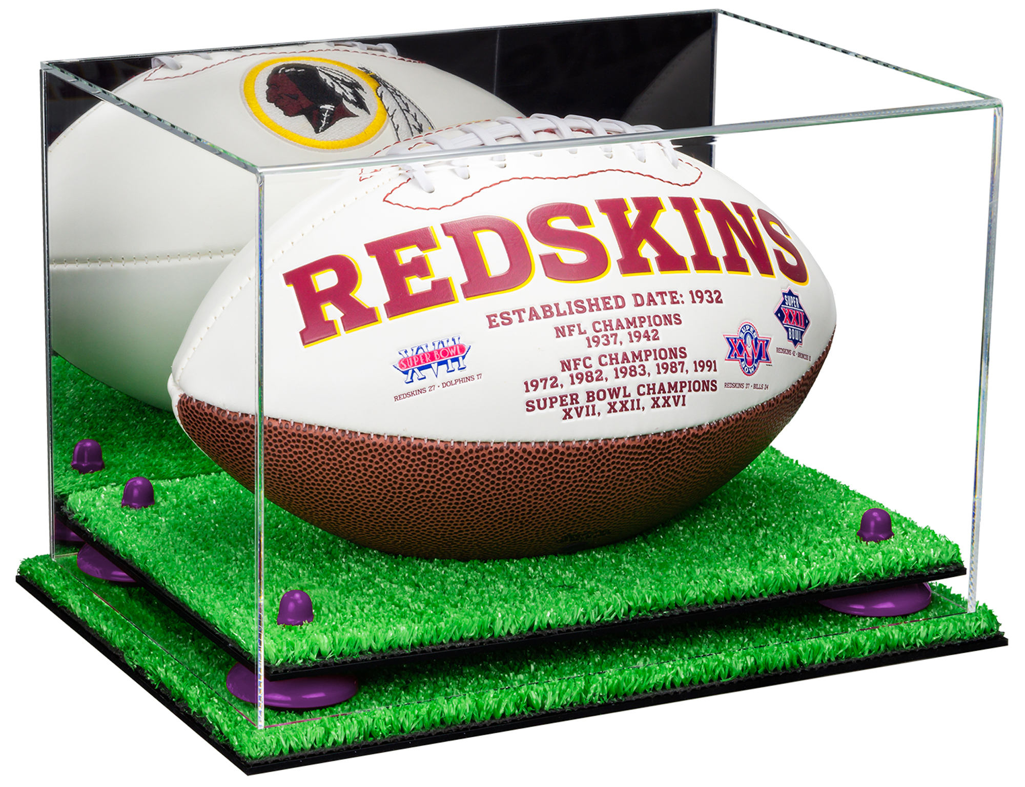 Acrylic Football Display Case with Mirror, Purple Risers and Turf Base (A004PR)