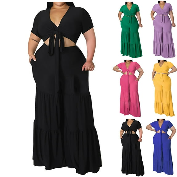 GERsome Women's 2 Piece Outfits Short Sleeve Strappy Crop Tops and High Waist Wide Leg Pant Sets Plus Size Lounge Outfits XL-5XL (Black,2XL)