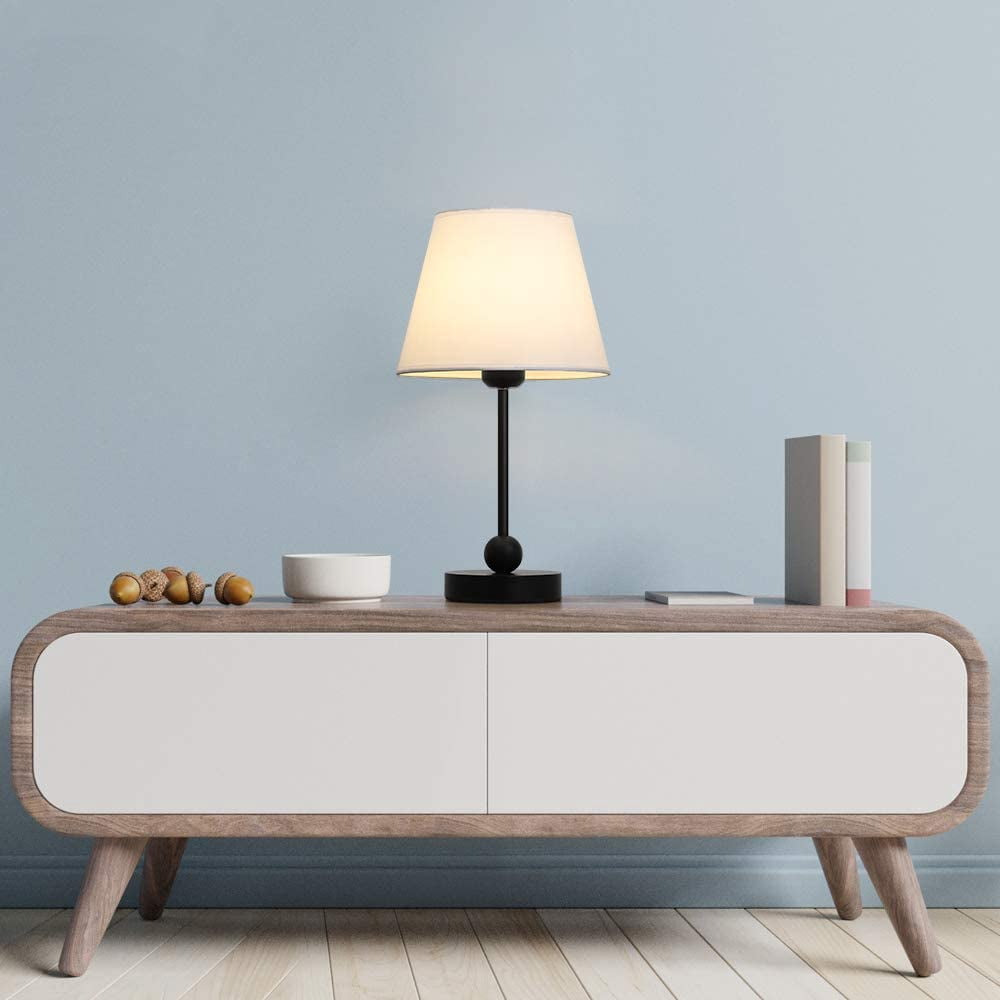 Simple Nightstand Desk Lamp with White Fabric Shade and Black MDF Base Set of 2