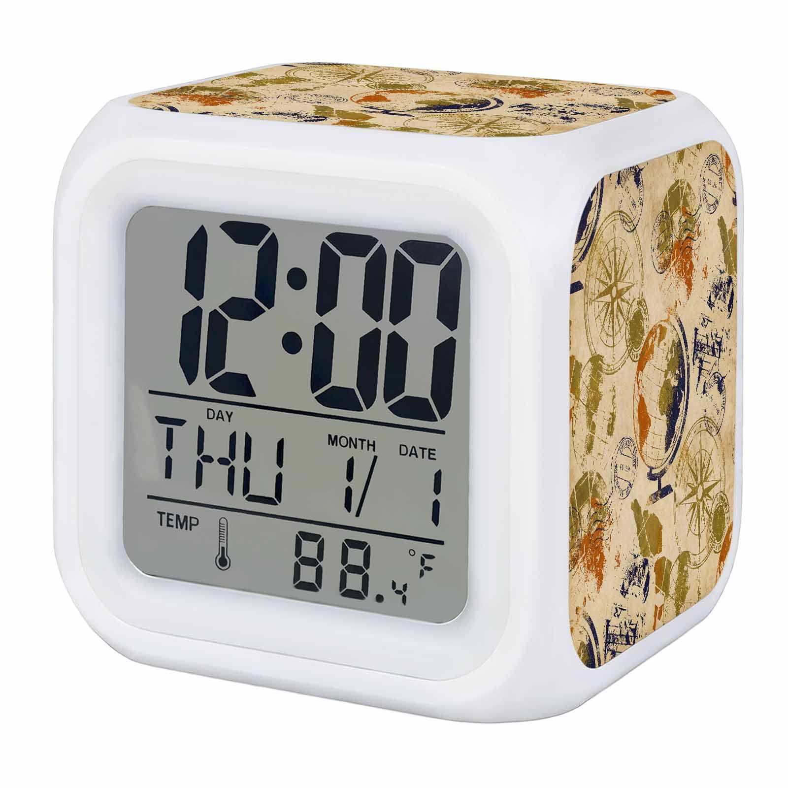 Retro Earth Globe Alarm Clock, Travel Compass Vintage Digital Clock Night Light with 7 Color, Calendar Temperature Display, LED Desk Small Clock for Bedrooms Bedside Living Room