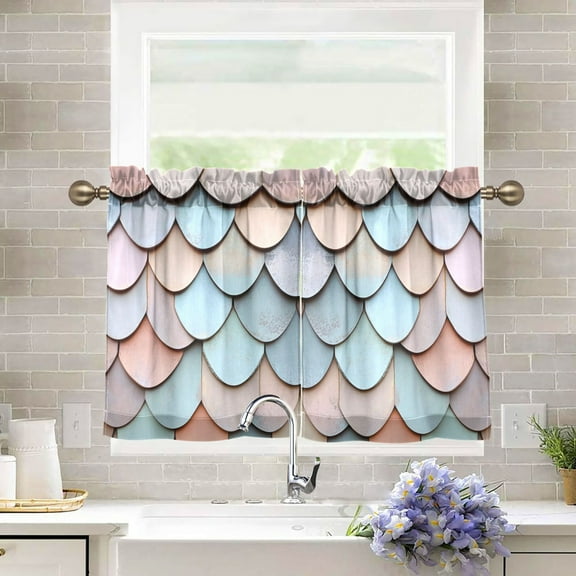 Yayeee Kitchen Curtains Tier Pair Light Filtering 27"x36" Rod Pocket Short Cafe Window Panel, Blue Shimmering Pattern