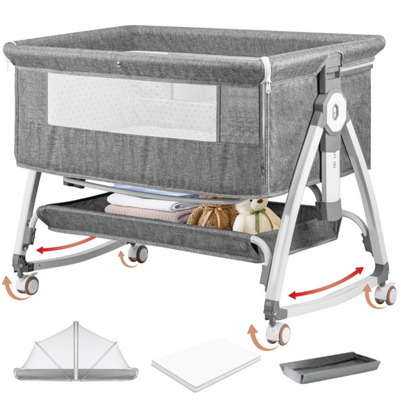 Rupoun Bassinet, Bedside Sleeper, Foldable Baby Crib with 6 Adjustable Heights and Mesh Panels, for Infant Newborn Child, Gray