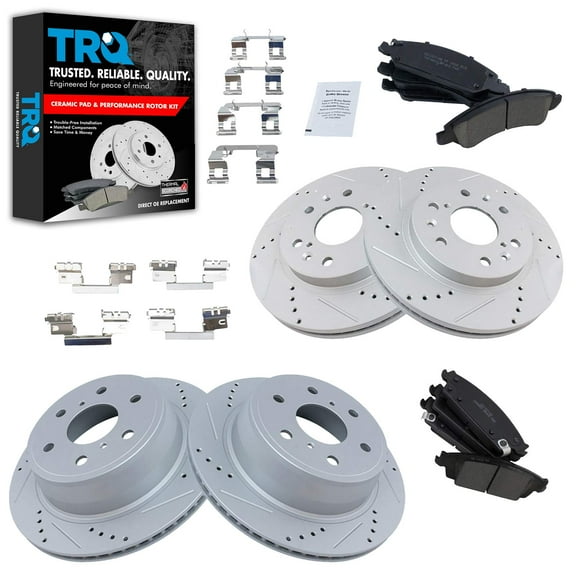 TRQ Front & Rear Posi Ceramic Brake Pad & Performance Drilled Slotted Coated Rotors