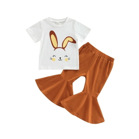 

Qtinghua Toddler Baby Girl Easter Outfit Short Sleeve Bunny T-Shirt Tops Flare Bell Bottom Pants 2Pcs Clothes White 1-2 Years