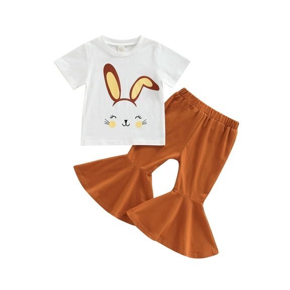 Bagilaanoe 3pcs Toddler Baby Girl Long Pants Set Print Short Sleeve T-Shirts Tops Flare Trousers 12M 18M 24M 3T 4T 5T 6T Kids Casual Outfits
