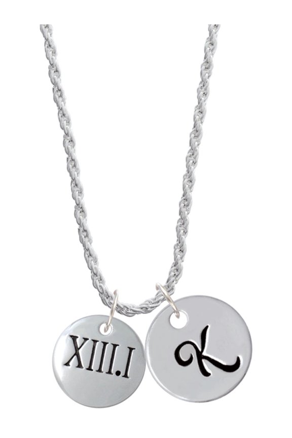 Silvertone Half Marathon Roman Numeral Silvertone Script Initial Disc - K - Charm Necklace, 20"+3"