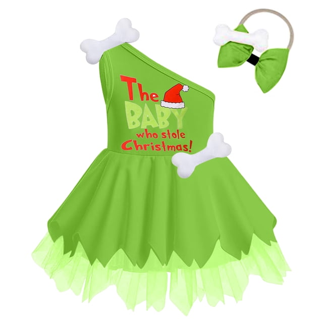 Gibobby Vestido de manga corta con estampado de Navidad Disfraz de las cavernas para niños pequeños, Navidad, huesos de perro, chica de las cavernas histórica (Verde, 18-24 meses)