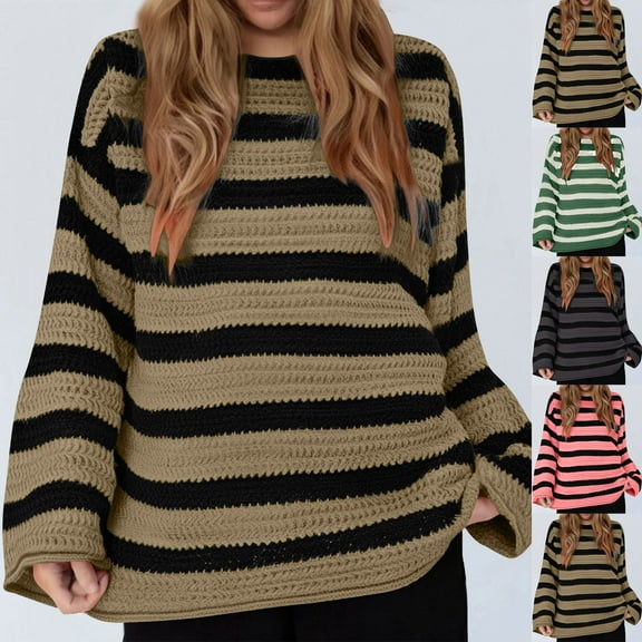 FRSASU Women Striped Pullover Sweater Casual Fashion Long Sleeve Round Neck Knitwear Top Pink