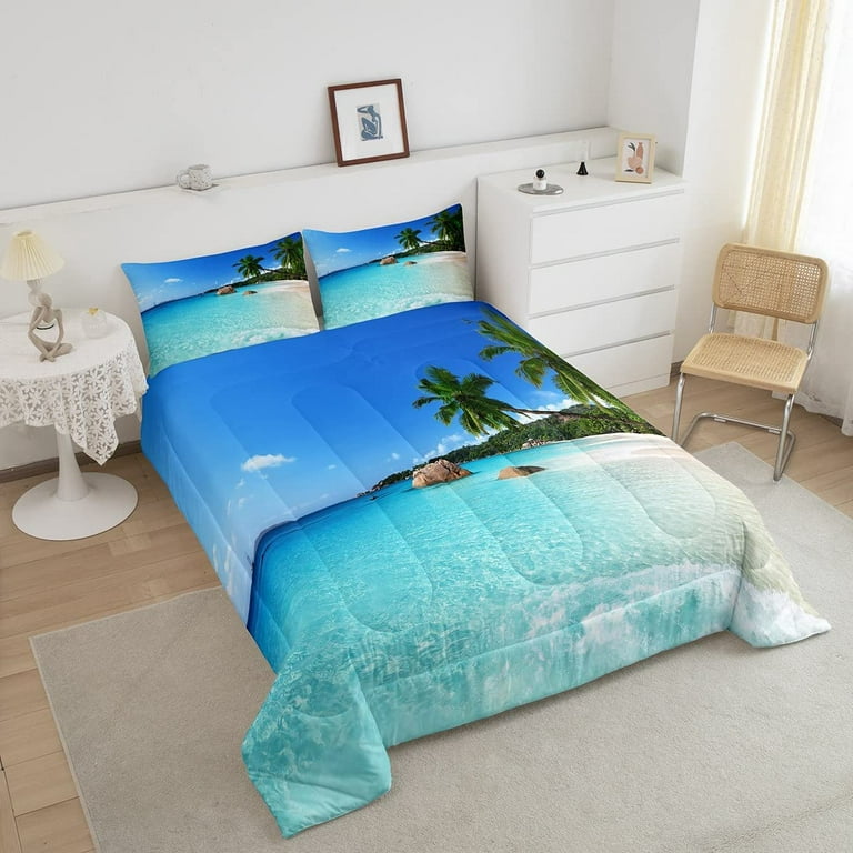 Ocean Comforter Set Palm Leaves Printd Down Comforter, Summer Beach Decor  Hawaiian Vacation Style Quilted Duvet Green Palm Trees Tropical Nature Sea Theme  Home Decor Bedding Comforters, Full Size 
