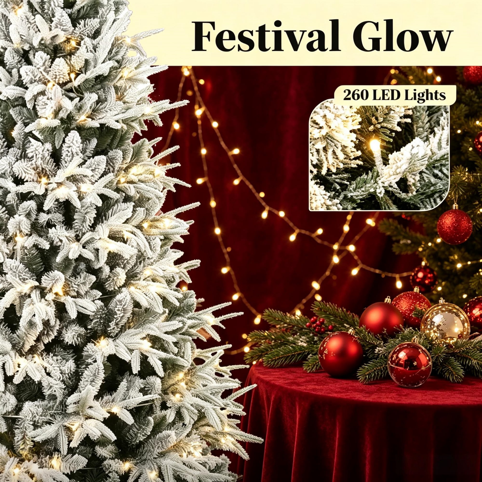 6 ft Pre-Lit Flocked Christmas Tree with 2015 Tips and 260 Warm White LED Lights, Hinged Design