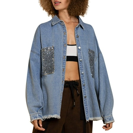 

Hwmodou Womens Denim Jean Jackets Long Sleeve Casual Solid Color Sequin Turndown Collar Splice Loose Button Shirt Blouse Top Jackets For Women