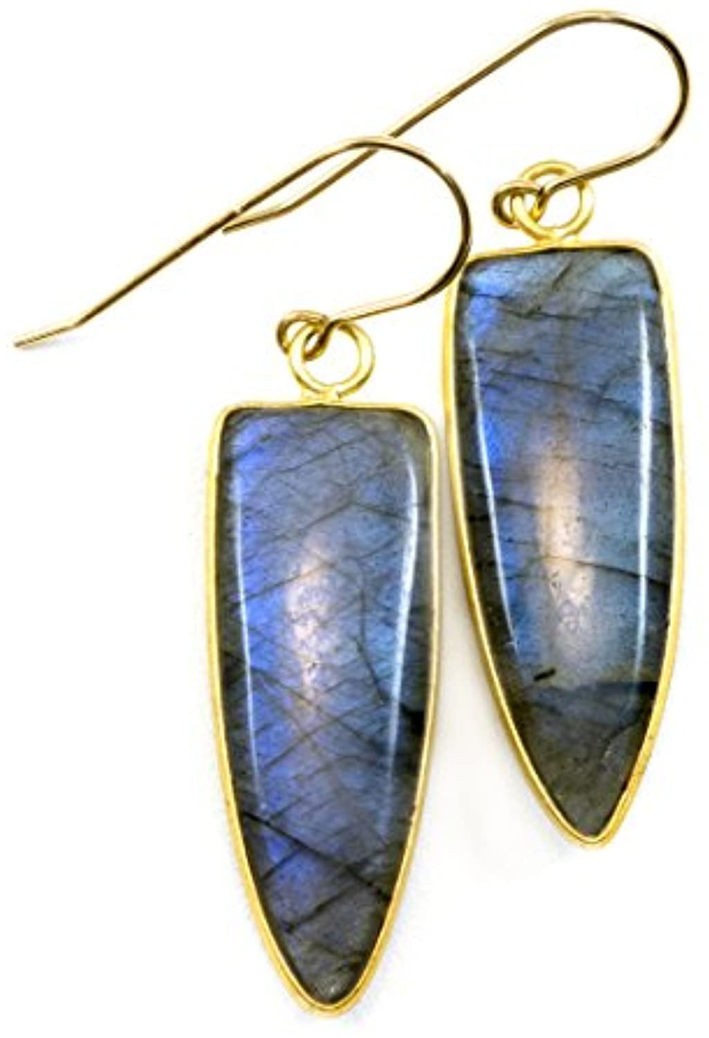 Labradorite Earrings Natural Blue Bezel Triangle Simple Drops 14k Solid Gold