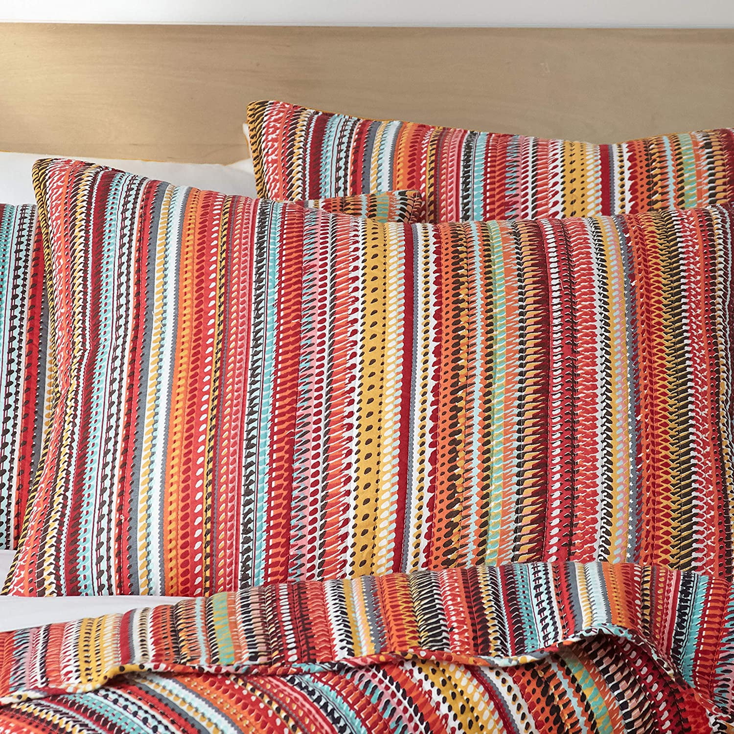 Levtex Home - Uluru Quilt Set - Twin Quilt + Two Standard Pillow Shams - Boho Stripe - Orange Teal Red Green Yellow Black White - Quilt (68x86in.) and Pillow Sham (26x20in.) - Cotton