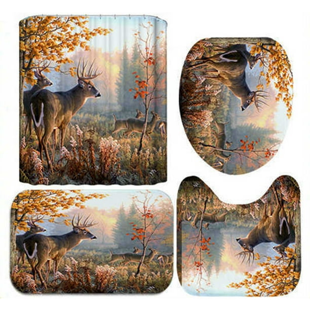 Autumn Deer Door Bath Mat Toilet Cover Rugs Shower Curtain Art Bathroom Decor Bath Patterer Bathroom Accessories