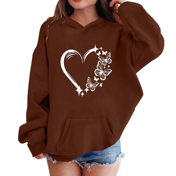 Abcomgle Hoodies for Girls 10-12 Cute Trendy Hooded Sweatshirts for Teen Girls Butterfly Heartshape Print Long Sleeve Girls Pullover Sweatshirt Baggy Fall Shirt for Teen Girls with Pocket