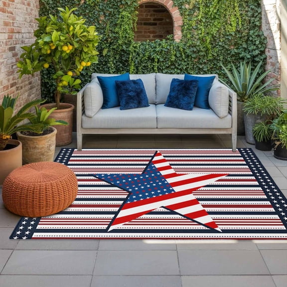 4th of July Outdoor Rug 3x5 ft Red White and Blue Star Stras Outdoor Large Area Rug Non Slip Lines Striped Patriotic Front Door Mat RV Rug Carpet Patio Outdoor Rugs for Backyard Balcony Deck Porch