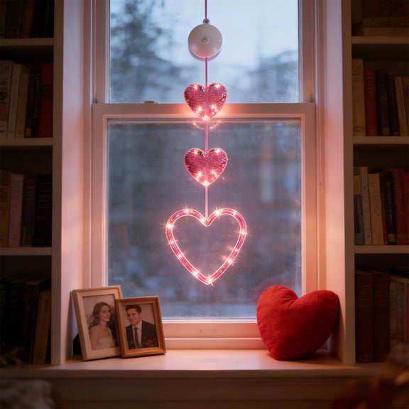 HKEJIAOI Heart LED Curtain Lights with Suction Cups, Romantic Wedding Proposal Party Decoration, Battery Operated String Lights