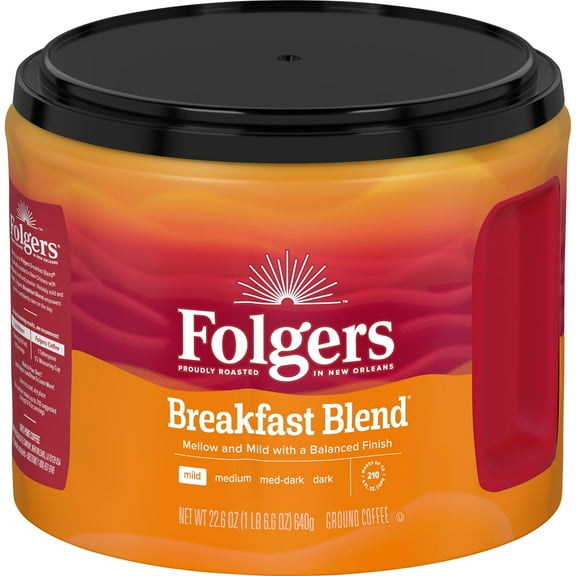 Pack of 2 - Folgers Breakfast Blend Ground Coffee, Smooth & Mild Coffee, 22.6 Ounce Canister