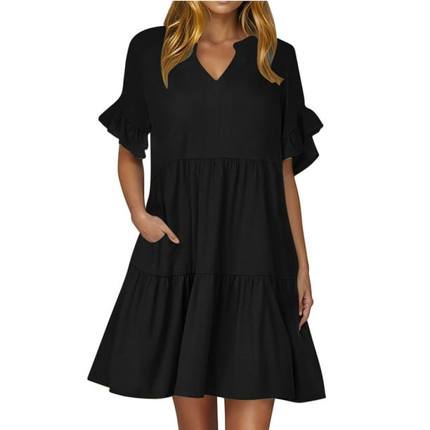 Vestido de Verano de Manga Corta para las Mujeres una Línea de Playa Casual, Bolsillos de Primavera Suelto Vestido de Poliéster