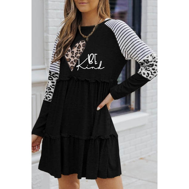 ABPHQTO Minivestido negro de mujer con manga larga a rayas y corazón de leopardo BE Kind