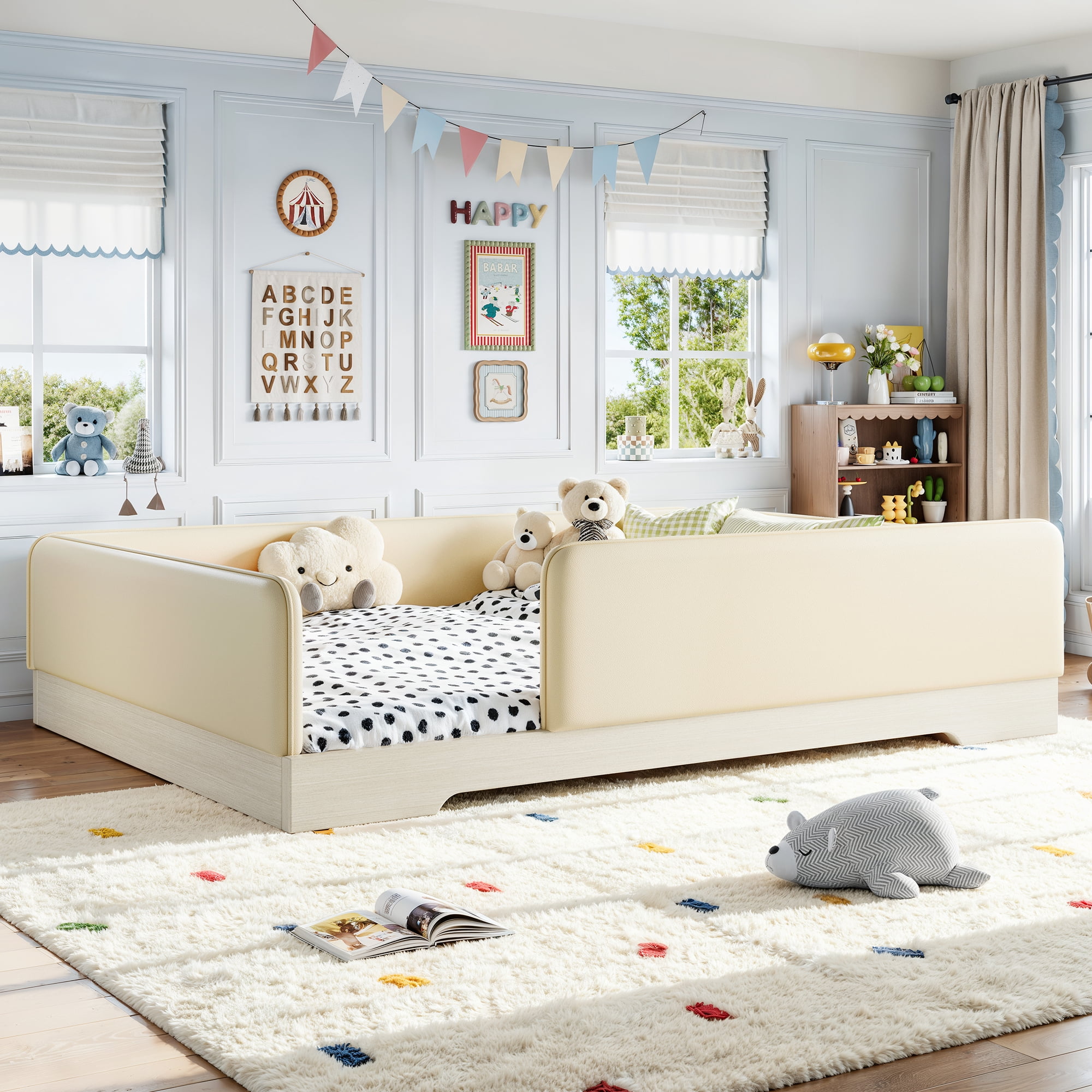 Queen Size Upholstered Floor Bed for Kids, Faux　leather Montessori Floor Bed Frame with Removable Guardrails, Low Profile Platform Bed for Boys Girls, Beige