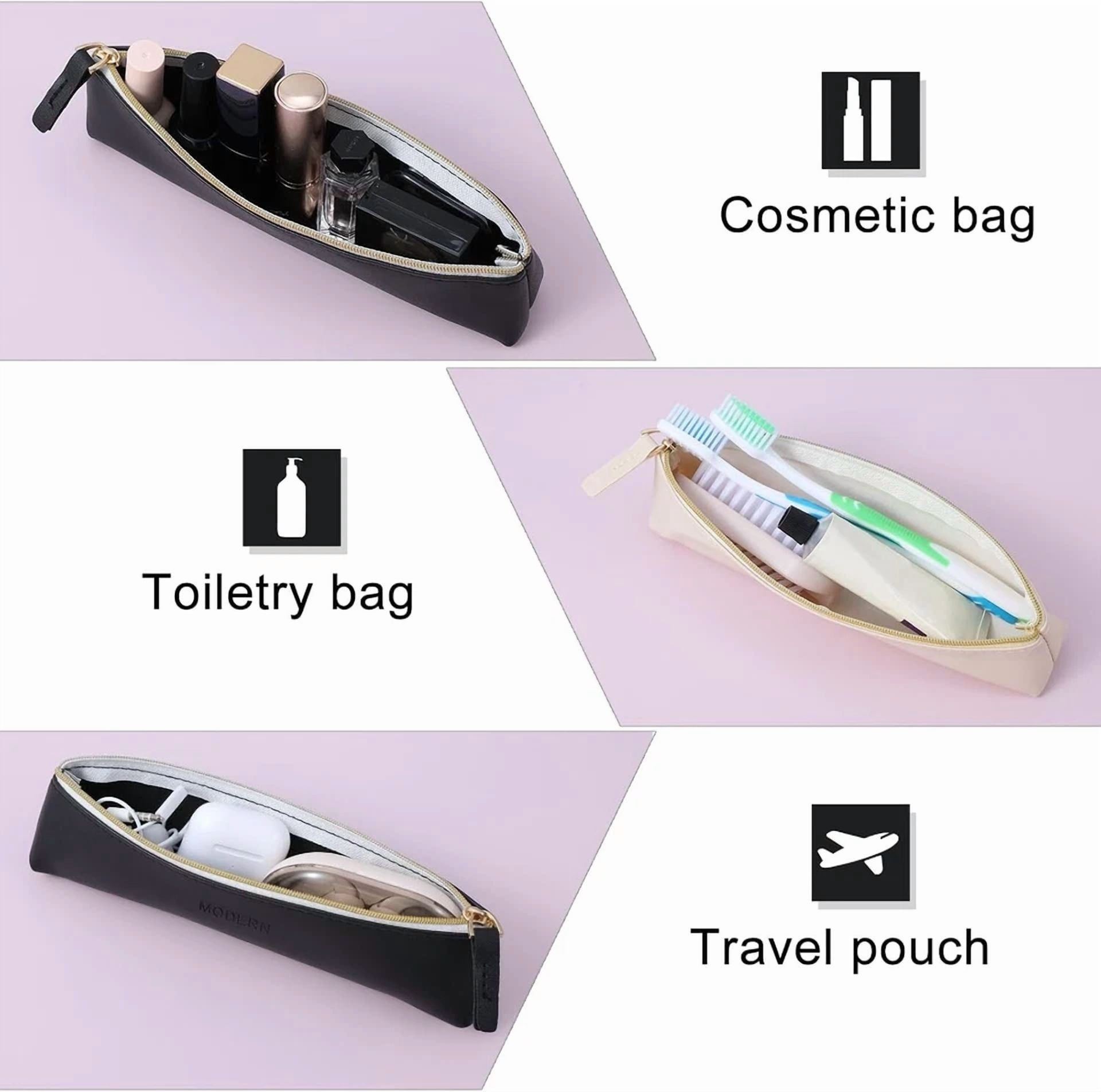2Pcs Slim Pencil Case Small Pencil Pouch Portable Leather Makeup Brush Bag