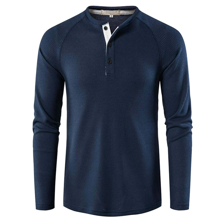 Men's Long Sleeve Waffle Henley Shirts Slim Fit Lightweight