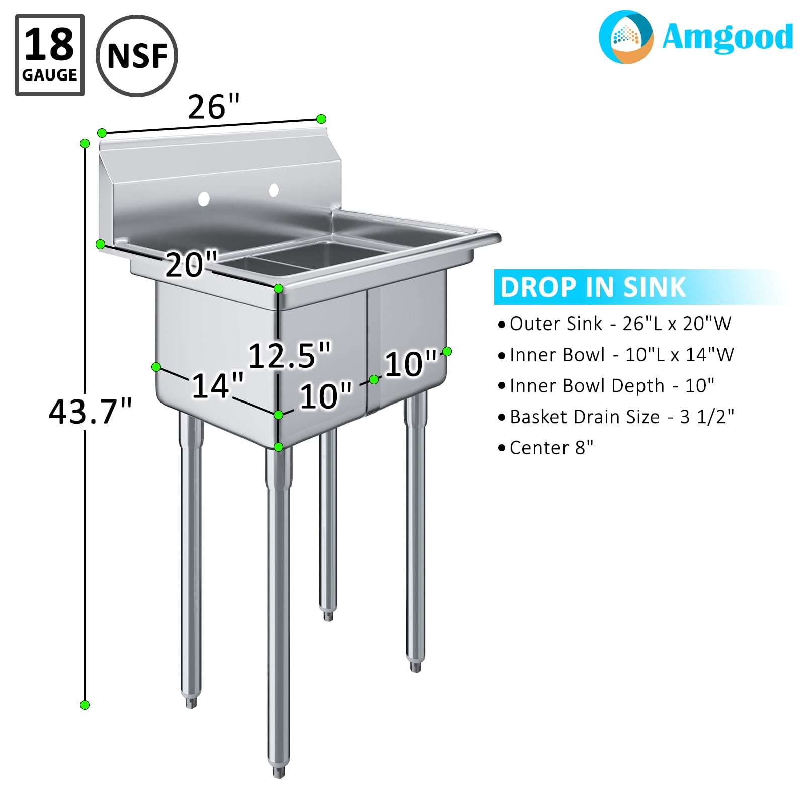 AmGood 20 in. x 26 in. Stainless Steel Two Compartment Sink with 10 in. x 14 in. x 10 in. Bowls