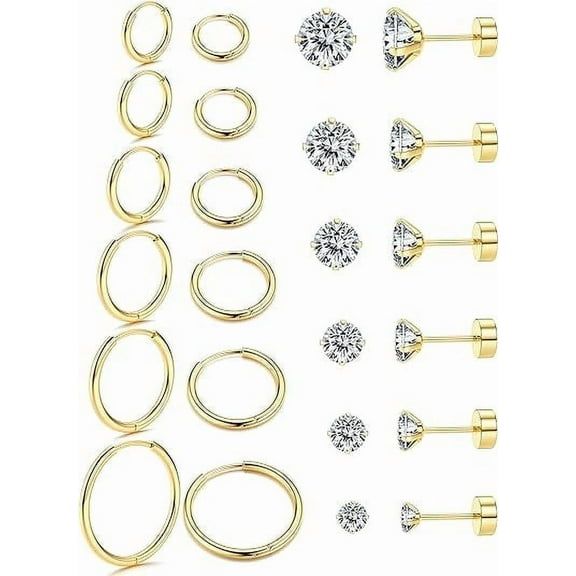 Knubmt 12 Pairs 316L Stainless Steel Earring Set 14K Gold Plated Hoop Earrings Flat Back Stud Earrings for Women Men, Gold
