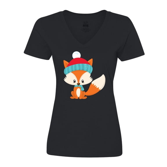 Inktastic Cute Fox, Fox With Hat And Scarf, Orange Fox Women's V-Neck T-Shirt