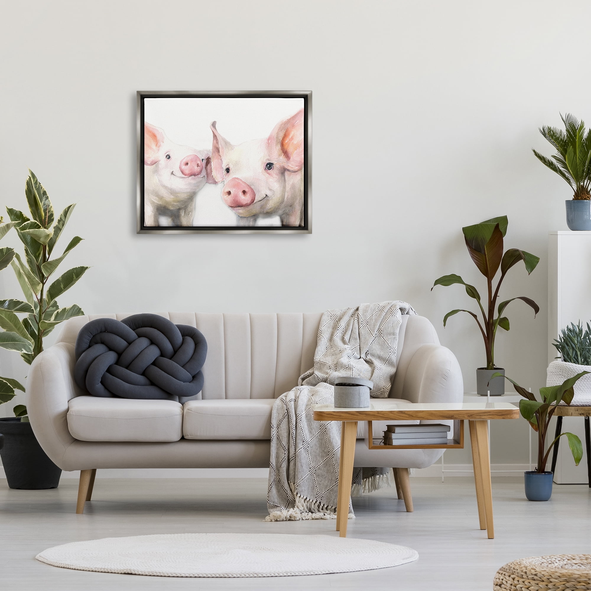 Stupell Industries Pair Pigs Pink Snout Cute Farm Animals Painting Luster Gray Floating Framed Canvas Print Wall Art, Design by George Dyachenko