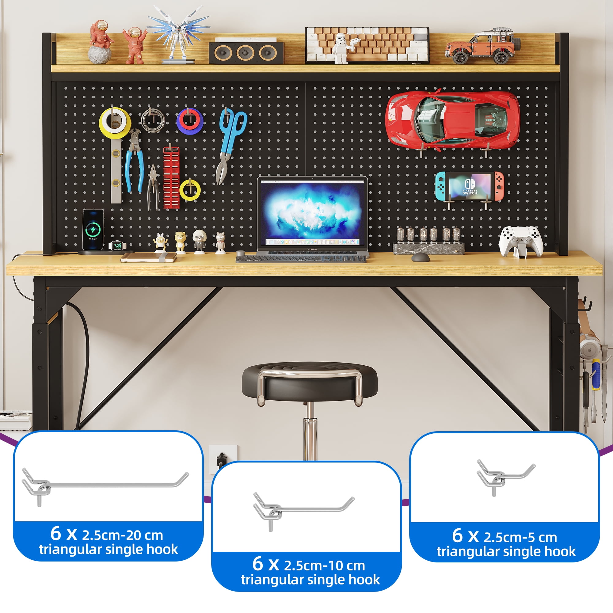 Uforic Multifunctional Workbench with Pegboard, Power Outlets and Wheels, 59.1" x 23.6" A3 Steel Work Bench for Garage Max. Heavy Duty up to 2000lbs