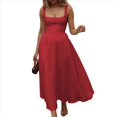 thumbnail image 3 of Vestido Midi Fluido con Escote Cuadrado y Tirantes Anchos para Mujer, /Verano 2025, para Invitada de Boda, Baile, Cóctel Rojo XL, 3 of 8