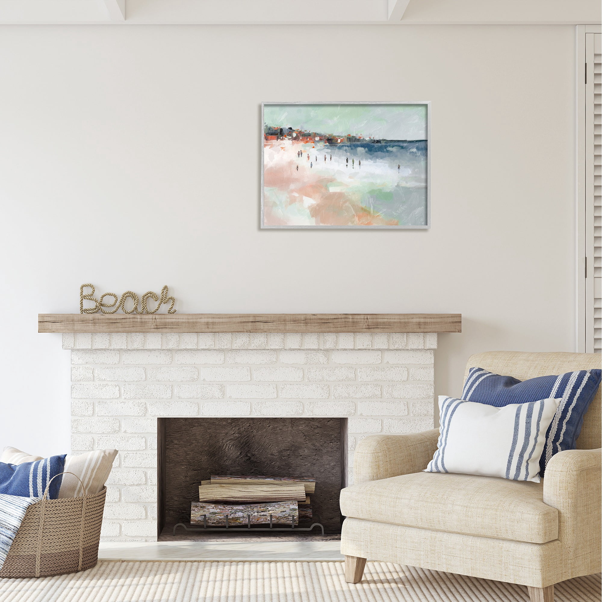 Stupell Industries Abstract People on Shore Landscape Painting Gray Framed Art Print Wall Art, 30 x 24