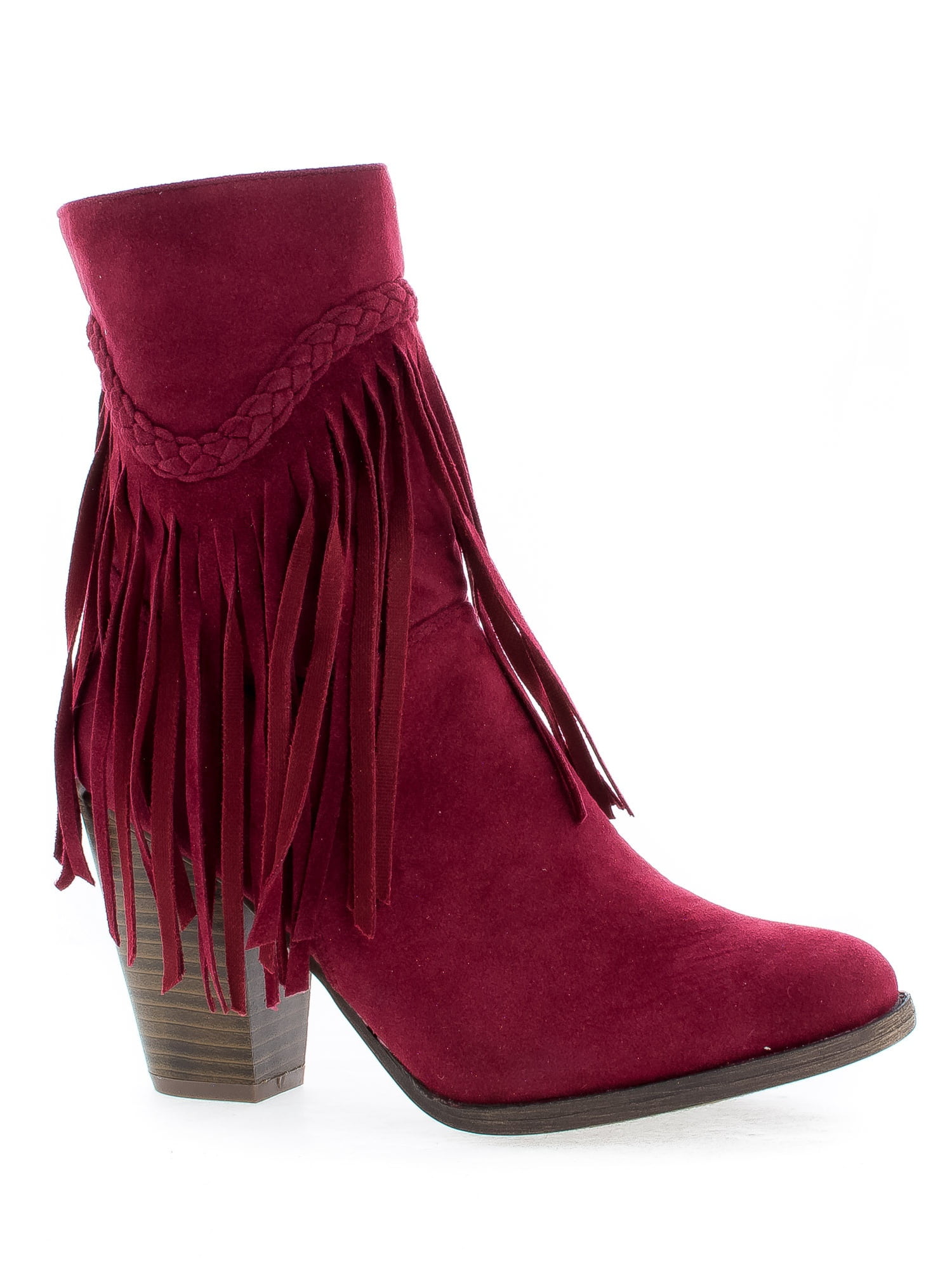 Heather38 by Breckelleâ€™s, Western Round Toe Stacked Heel Fringe Ankle
