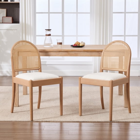 Rattan Dining Chairs Set of 2 Upholstered Linen Dining Room Chairs with Wood Legs & Backrests, Modern Kitchen Side Chairs for Dining Room, Beige