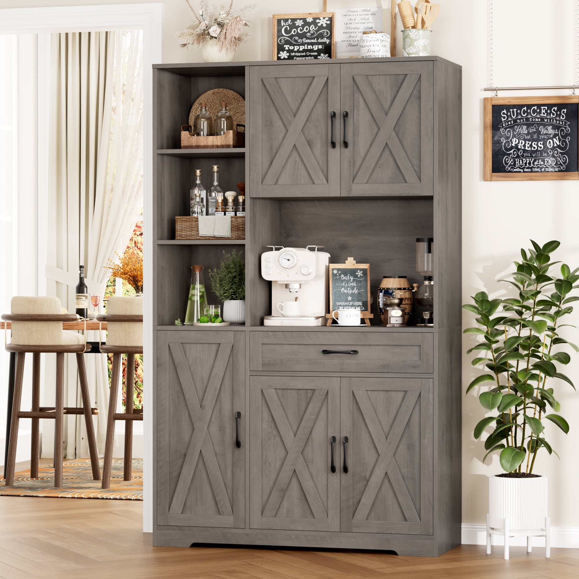 Hiphuta 71"Farmhouse Kitchen Pantry Storage Cabinet, Freestanding Hutch Cabinet with Microwave Stand, Sturdy Pantry Cabinet for Dining Room, Ash Gray