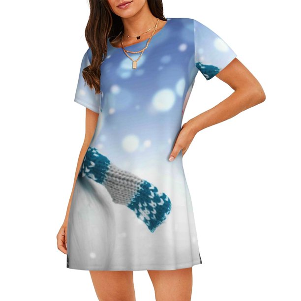 Balery Christmas Snowman In The Snow Camisón de manga corta con cuello redondo para mujer, cómodo y elegante.