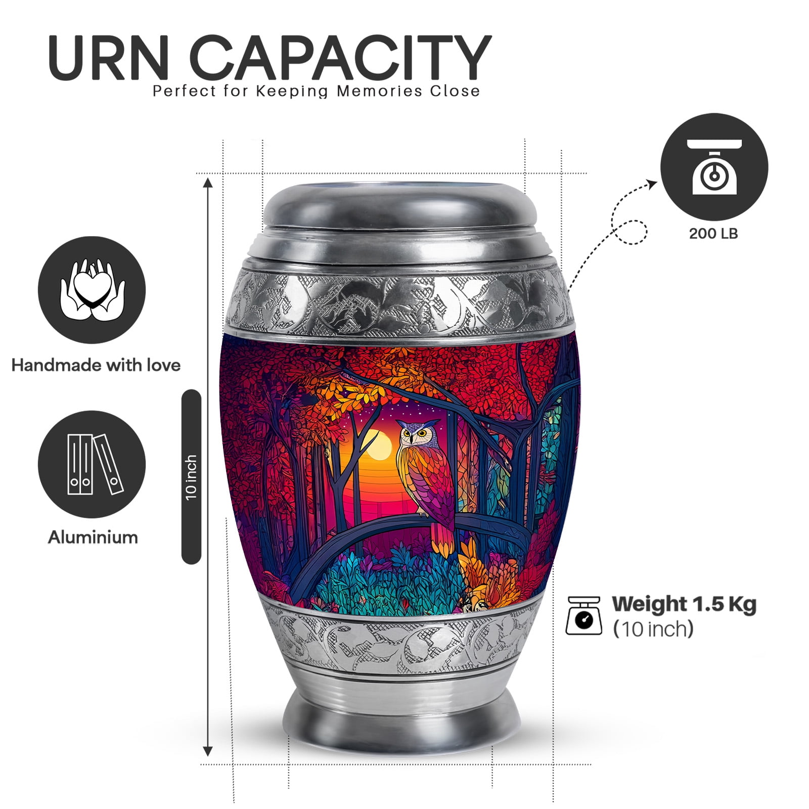 Yatskia Colorful Owl Mini Cremation Urns for Ashes Adult Mother and Father, Large Memorial Urn for Human Ashes Adult, (Monar 10 Inch and 3 Inch)