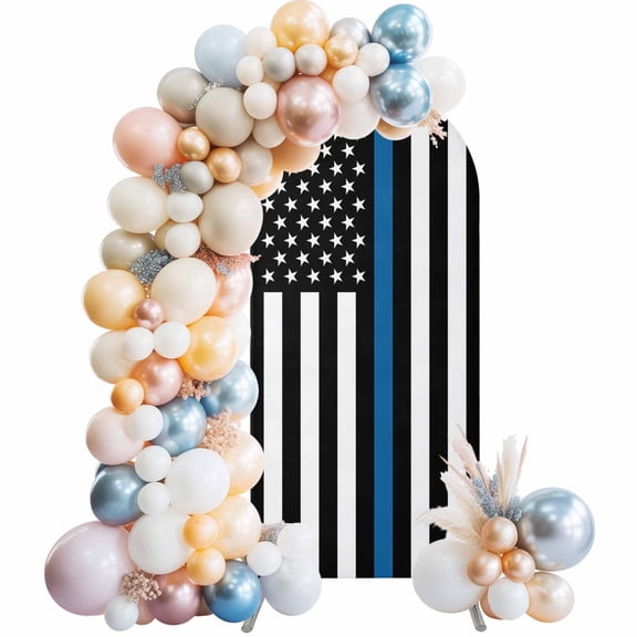 Blue White American Police Flag Arch Backdrop Cover,Spandex Fitted Wedding Arch Cover,Honoring Law Enforcement Officers Round Top Stand Covers for Birthday Ceremony Bridal Shower Party 4x1.65 Ft